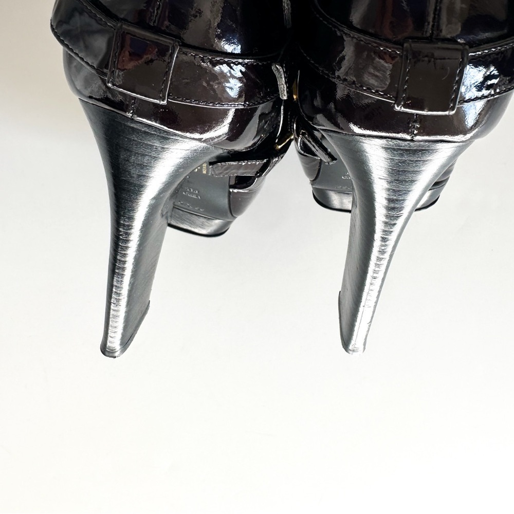 Sergio Rossi Crinkle Patent Leather Open-toe Booties Golden Statement Buckles 38 - Picture 8 of 14